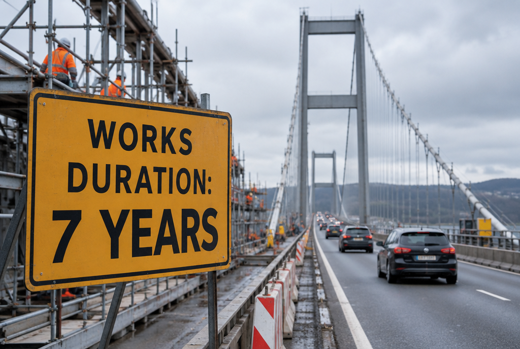 A long suspension bridge under renovation with scaffolding on one side and workers in orange vests, a large yellow construction sign in the foreground reading “Construction duration: 7 years”, while cars continue to travel on the open lanes