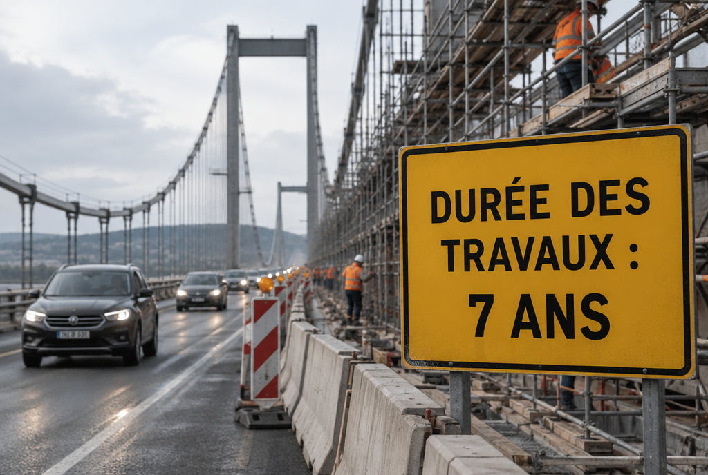 Un long pont suspendu en rénovation avec des échafaudages sur un côté et des ouvriers en gilet orange, un grand panneau de chantier jaune au premier plan indiquant « Durée des travaux : 7 ans », pendant que les voitures continuent de circuler sur les voies ouvertes