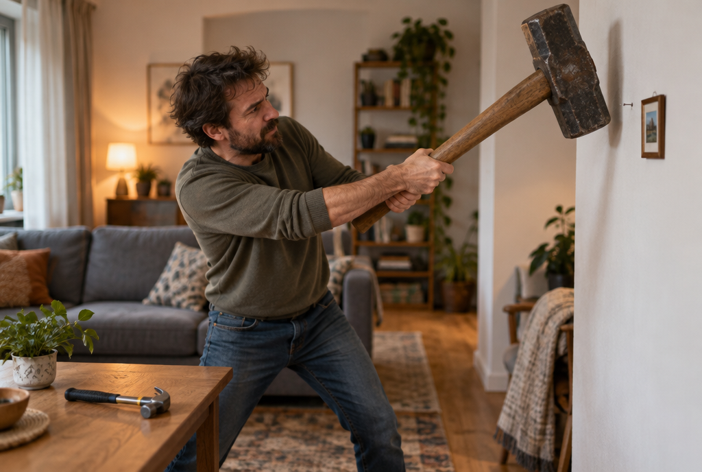 Dans un salon, un homme frappe avec une énorme masse de chantier pour enfoncer un minuscule clou et accrocher un tout petit cadre photo, pendant qu'un petit marteau ordinaire attend, inutilisé, sur la table basse