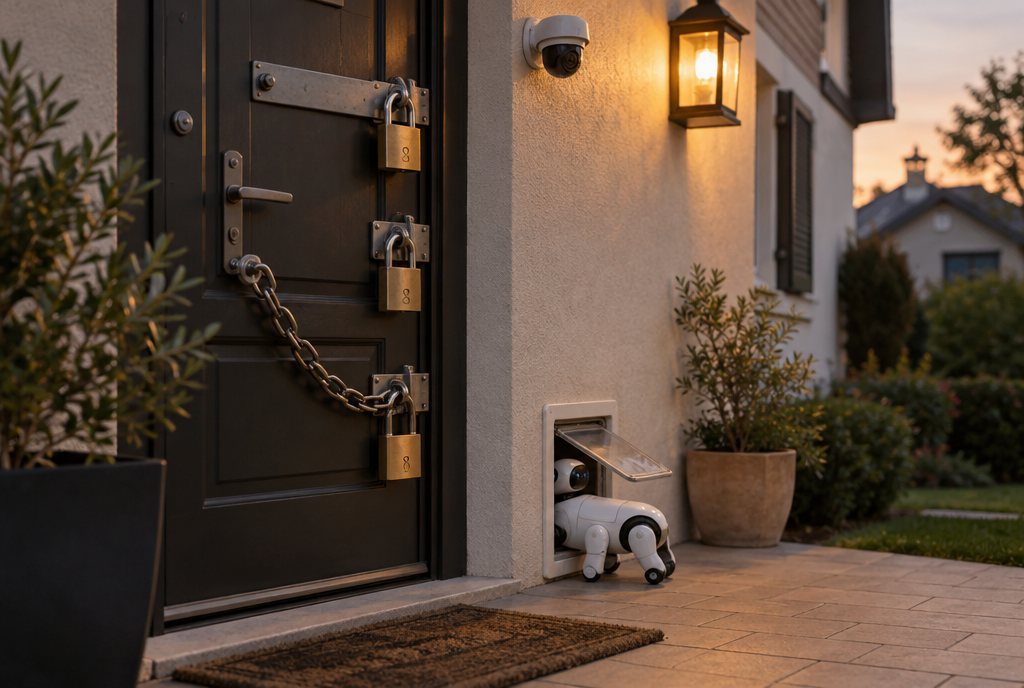 The entrance door of a house at dusk, reinforced with three big padlocks, a chain and a security camera, while nearby, at the foot of the same wall, a small white robot calmly enters through a wide-open cat flap