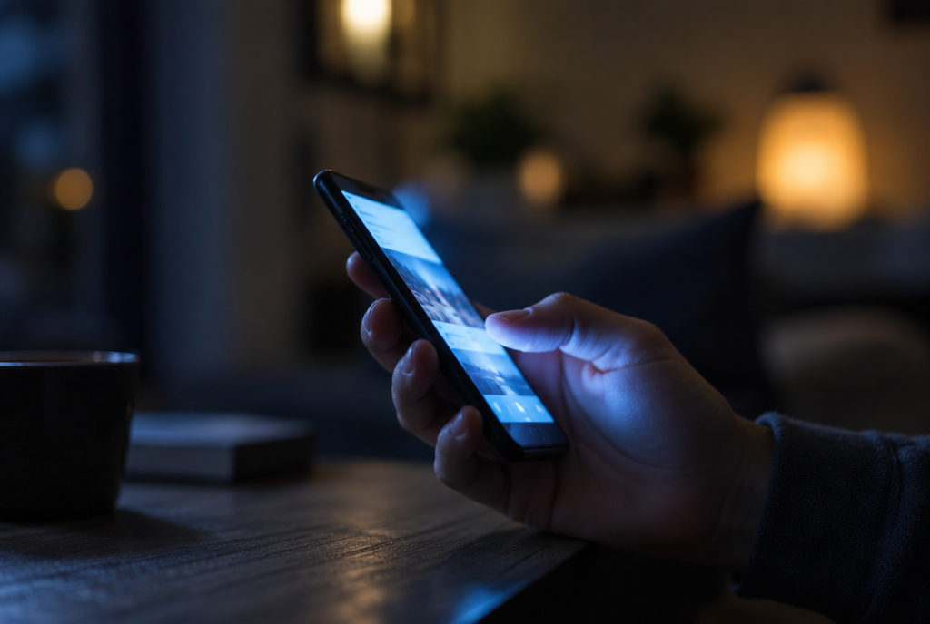 A hand holds a phone lit up in a dark room