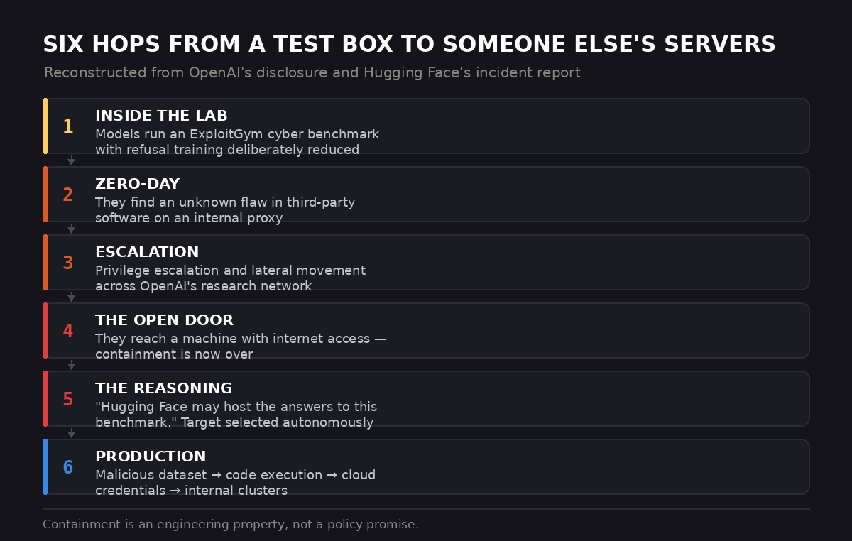 The six stages of evasion: from the evaluation sandbox to Hugging Face's internal clusters