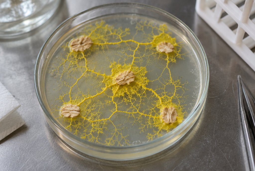 A laboratory dish seen from above, where bright yellow mold spreads into a network of fine veins linking several oat flakes, like a road map between cities