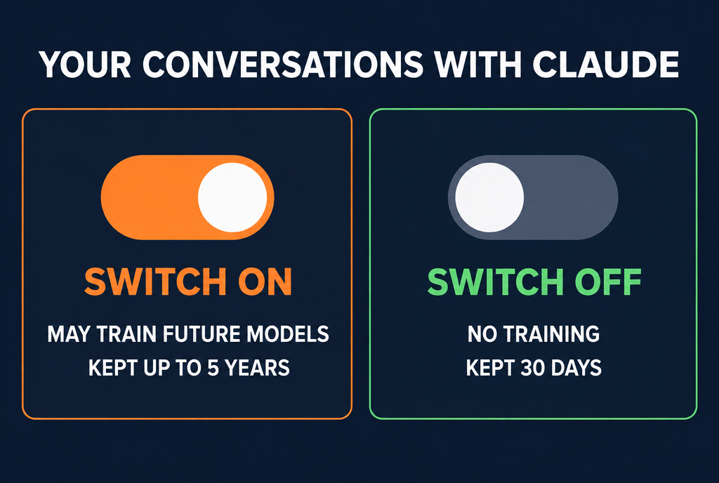 Two cases side by side for your conversations with Claude. Switch on: they may be used to train future models, kept for up to 5 years. Switch off: no training, kept for 30 days