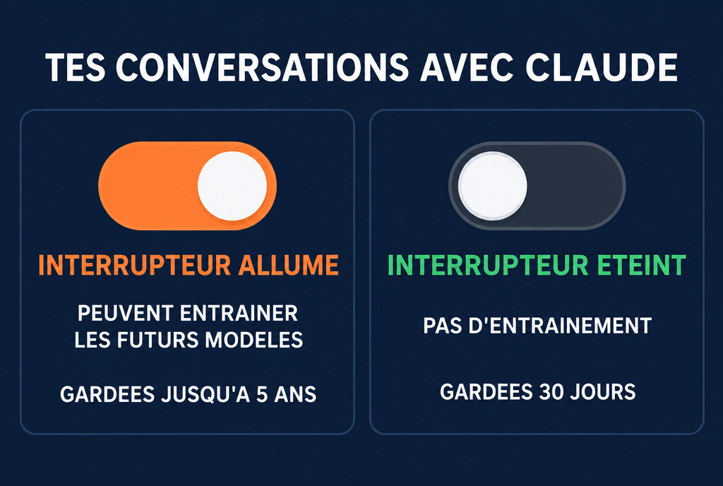 Deux cas côte à côte pour tes conversations avec Claude. Interrupteur allumé : peuvent servir à entraîner les futurs modèles, gardées jusqu'à 5 ans. Interrupteur éteint : pas d'entraînement, gardées 30 jours