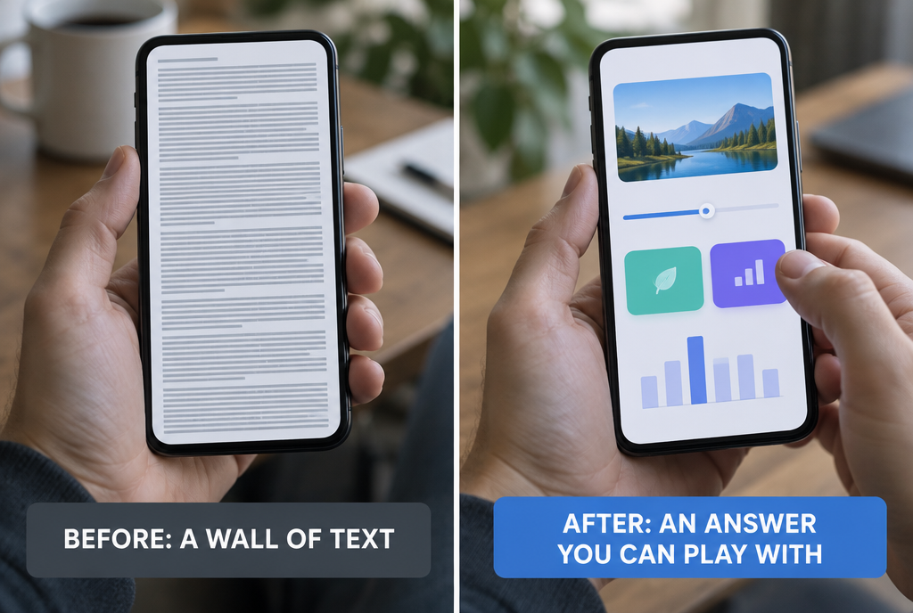 Before and after, side by side on two smartphones: on the left, a long block of tight gray text filling the whole screen, with the label “Before: a block of text”; on the right, a colorful card with a slider, two large buttons and a small bar chart, with the label “After: an answer you can interact with”