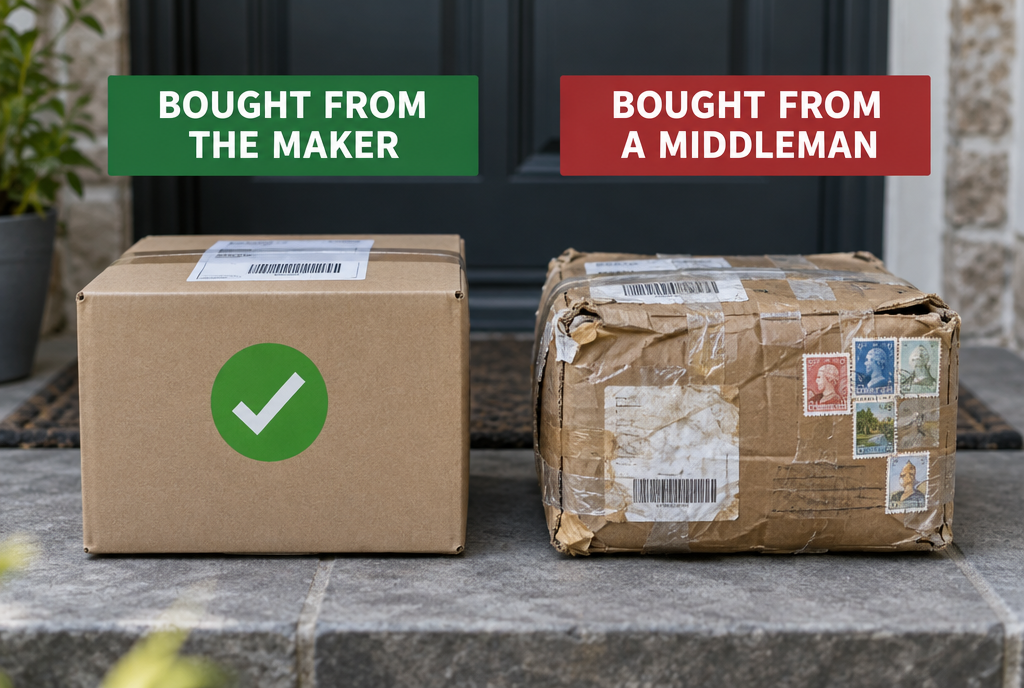 Two parcels placed on a doorstep: on the left, a clean box with a sealed label and a green sticker, under the label « Bought from the manufacturer » ; on the right, a damaged parcel covered with foreign stamps and re-stuck adhesive tape, under the label « Bought from an intermediary »