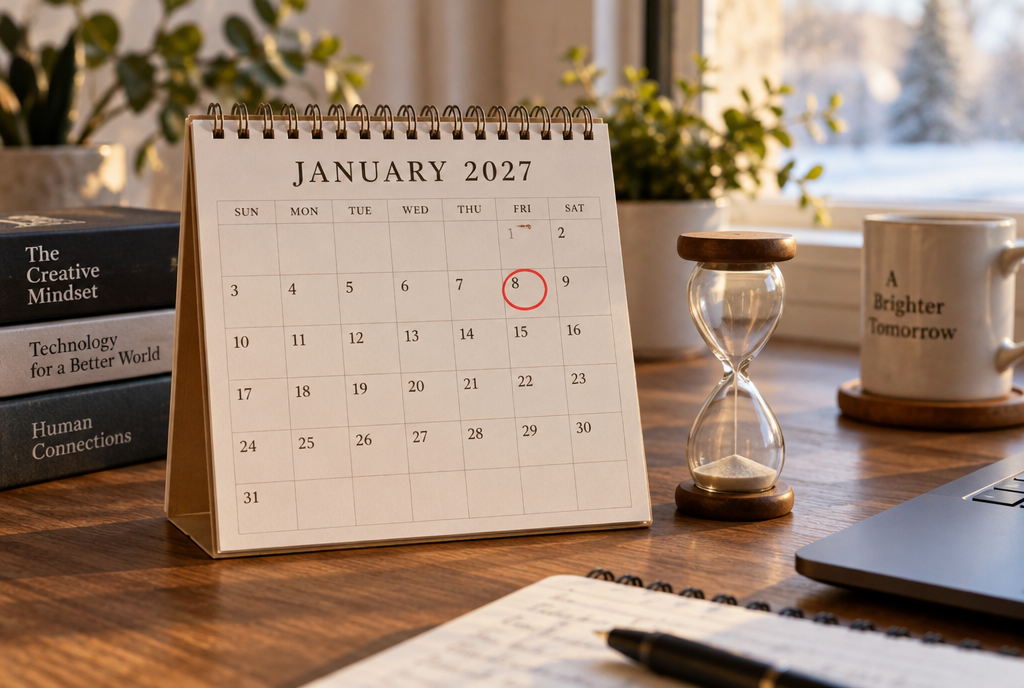 A small desk calendar open to January 2027, with January 8 circled in red marker, next to a small hourglass whose sand has already dropped quite a way, on a home desk