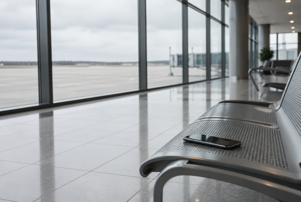 An empty waiting room with an abandoned phone on a bench