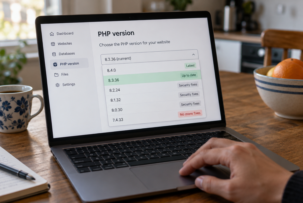 Screen from a hosting management panel open on the “PHP Version” page: line 8.3.36 is highlighted in green with the note “up to date,” an old 7.4 line is grayed out with the red note “no more patches”