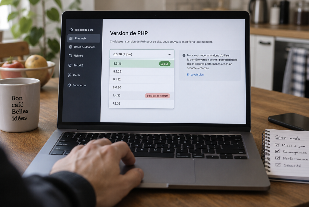 Écran d'un panneau de gestion d'hébergement ouvert sur la page « Version de PHP » : la ligne 8.3.36 est surlignée en vert avec la mention « à jour », une ancienne ligne 7.4 est grisée avec la mention rouge « plus de correctifs »