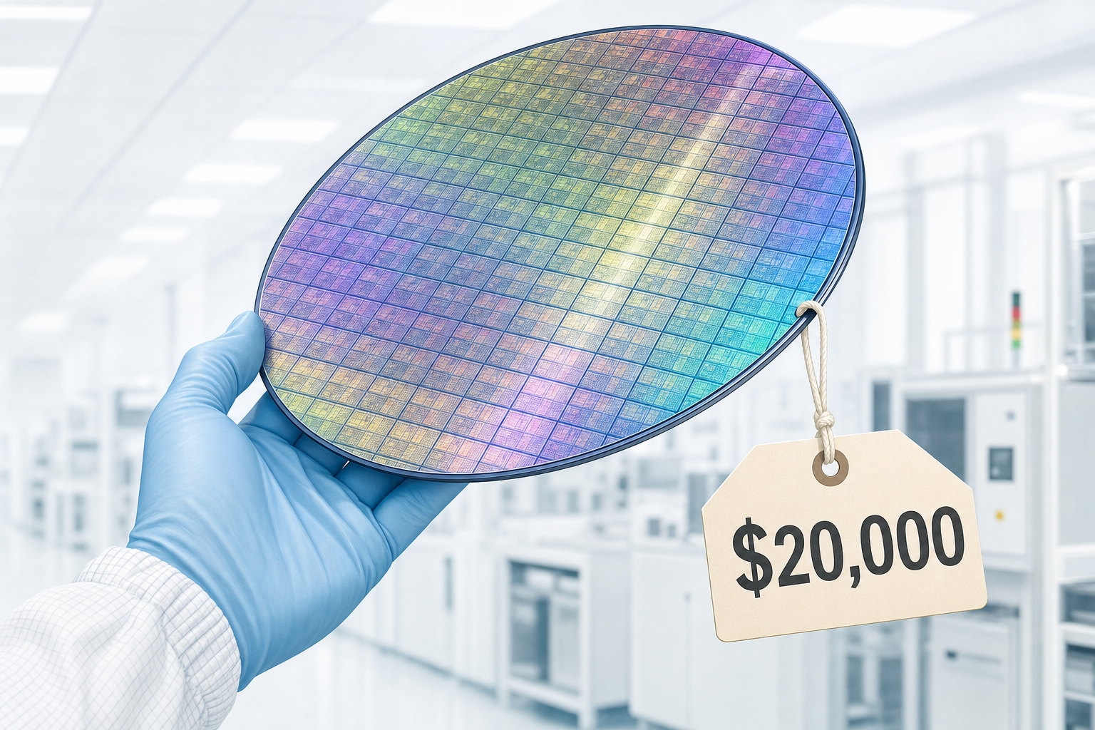 A wafer of etched silicon held in a gloved hand, with a $20,000 price tag