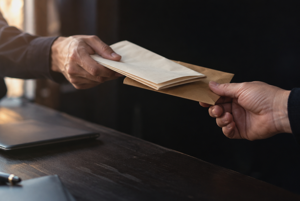 Two hands passing a folded form and a kraft envelope