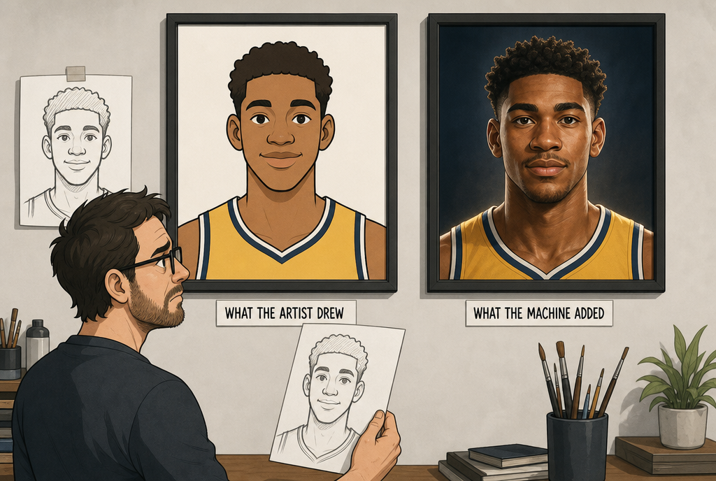 Two portraits of the same basketball player, the one drawn by the artist and the one retouched by the machine, with slightly different features