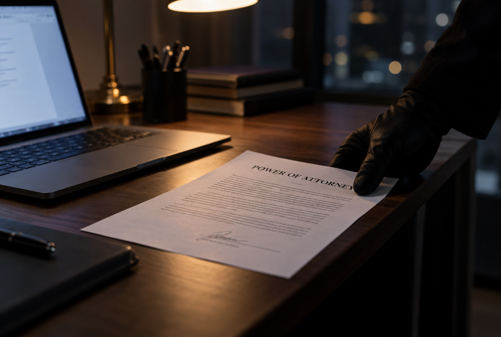 At night on a desk, next to a laptop that is switched on, a black-gloved hand slides a sheet of paper titled « Procuration », already signed with a fountain pen