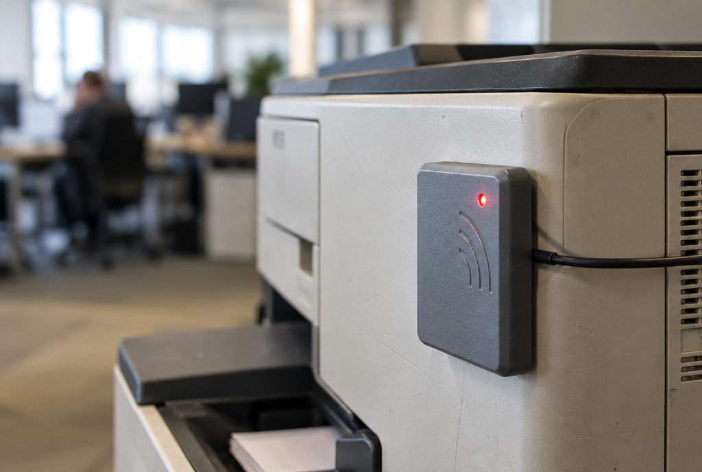 Le lecteur de badge fixe sur le flanc d'une imprimante de bureau