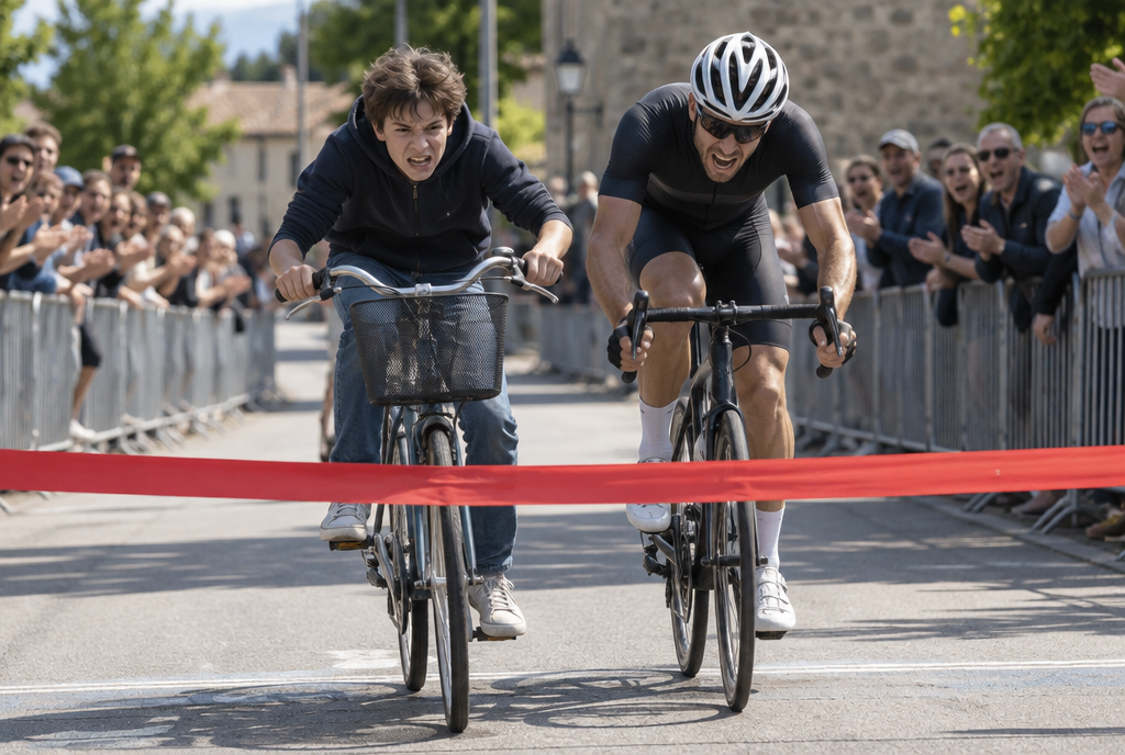Sur une ligne d'arrivée de course cycliste, un adolescent sur un vélo de ville à panier arrive roue dans roue avec un coureur adulte sur un vélo de course très cher, sous les yeux étonnés du public