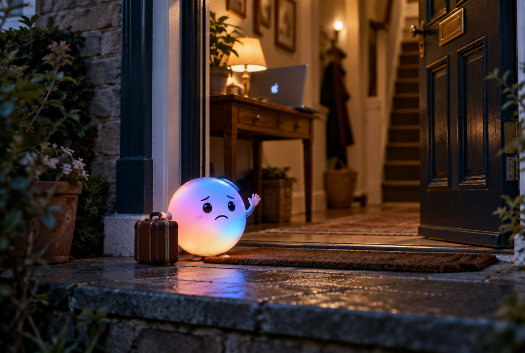 Sur le pas d'une porte au crépuscule, une petite boule lumineuse colorée avec un visage, comme un assistant vocal, fait au revoir d'un air triste à côté d'une minuscule valise, pendant qu'à l'intérieur un MacBook attend sur une console de l'entrée