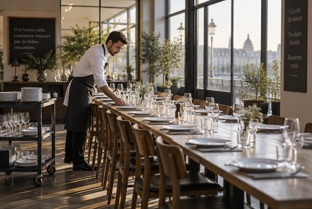 A server completely resetting a large restaurant table, the dishes stacked on a cart beside him