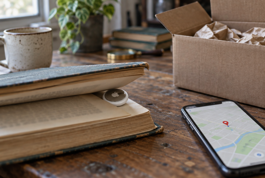 Un AirTag caché entre les pages d'un vieux livre, un téléphone affiche sa position sur une carte