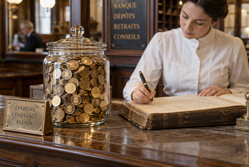 At a bank counter, a large glass jar filled with all mixed gold coins, next to which an employee writes names and amounts in a large leather-bound ledger