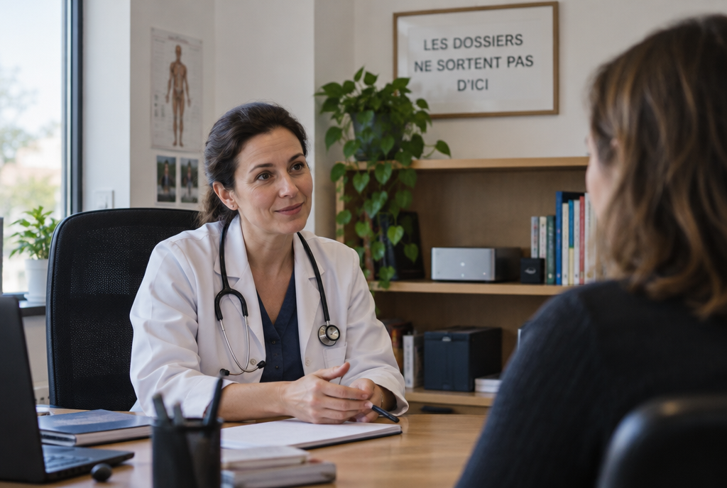 Dans un cabinet médical, une médecin en blouse blanche parle avec une patiente, avec derrière elle une étagère où est posé un petit ordinateur et un cadre portant l'inscription « Les dossiers ne sortent pas d'ici »