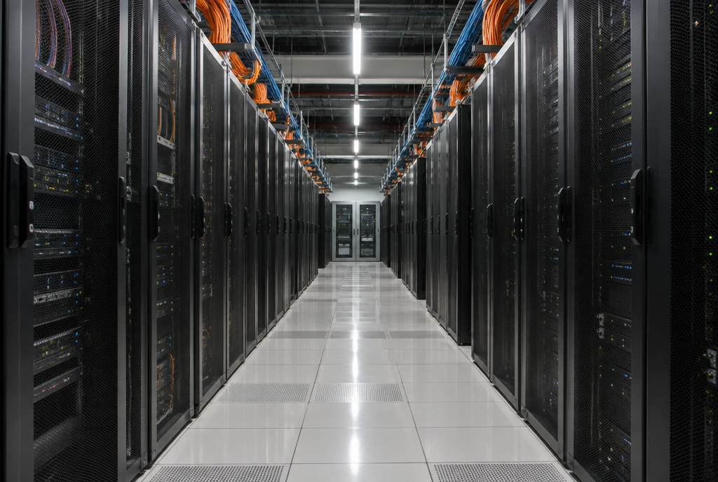 Central aisle of a server room, with no one in it