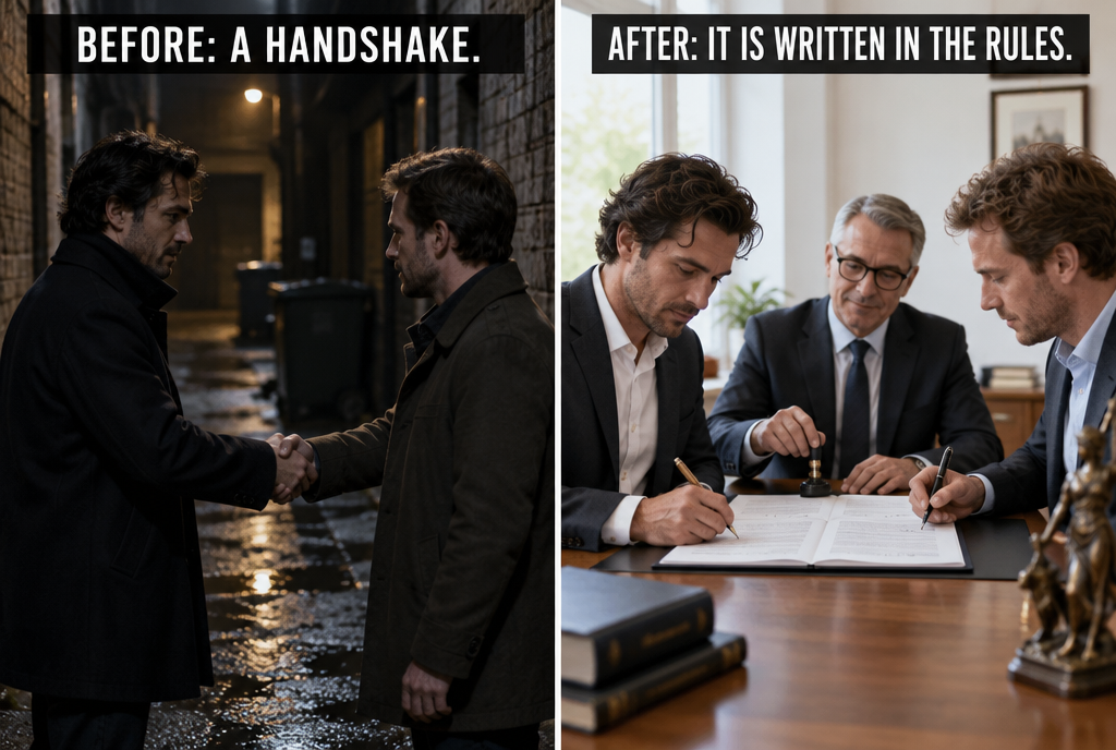 Before and after, side by side: on the left, two men shake hands in a dark alley, with the label « Before: a handshake » ; on the right, the same two men sign a contract in a notary’s bright office, with the label « After: it’s written into the rules »