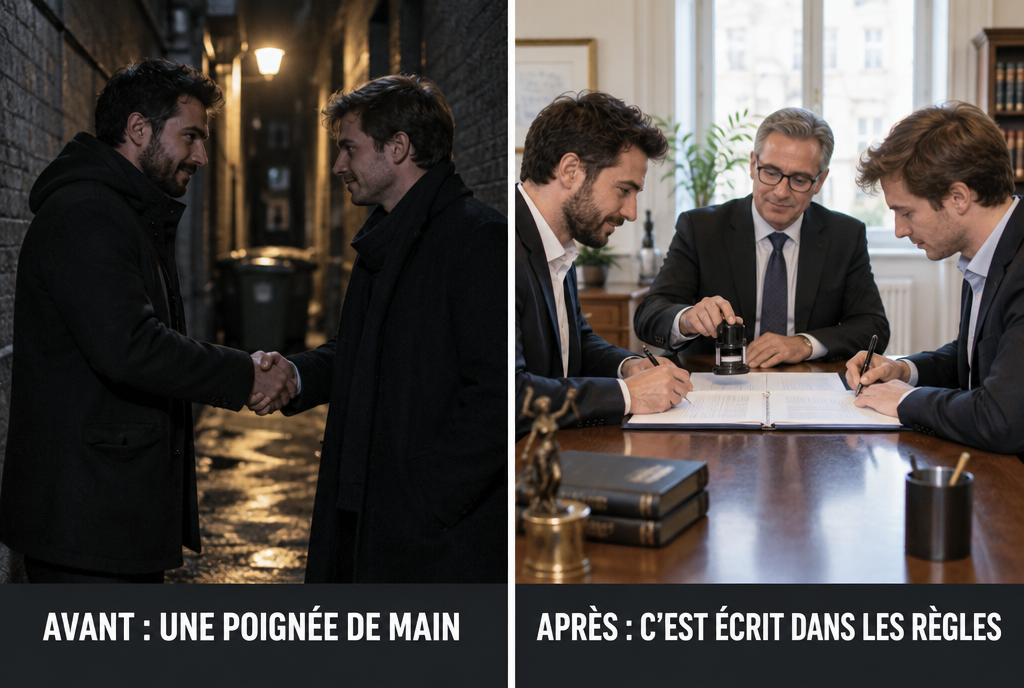 Avant et après, côte à côte : à gauche, deux hommes se serrent la main dans une ruelle sombre, avec l'étiquette « Avant : une poignée de main » ; à droite, les deux mêmes hommes signent un contrat dans le bureau lumineux d'un notaire, avec l'étiquette « Après : c'est écrit dans les règles »