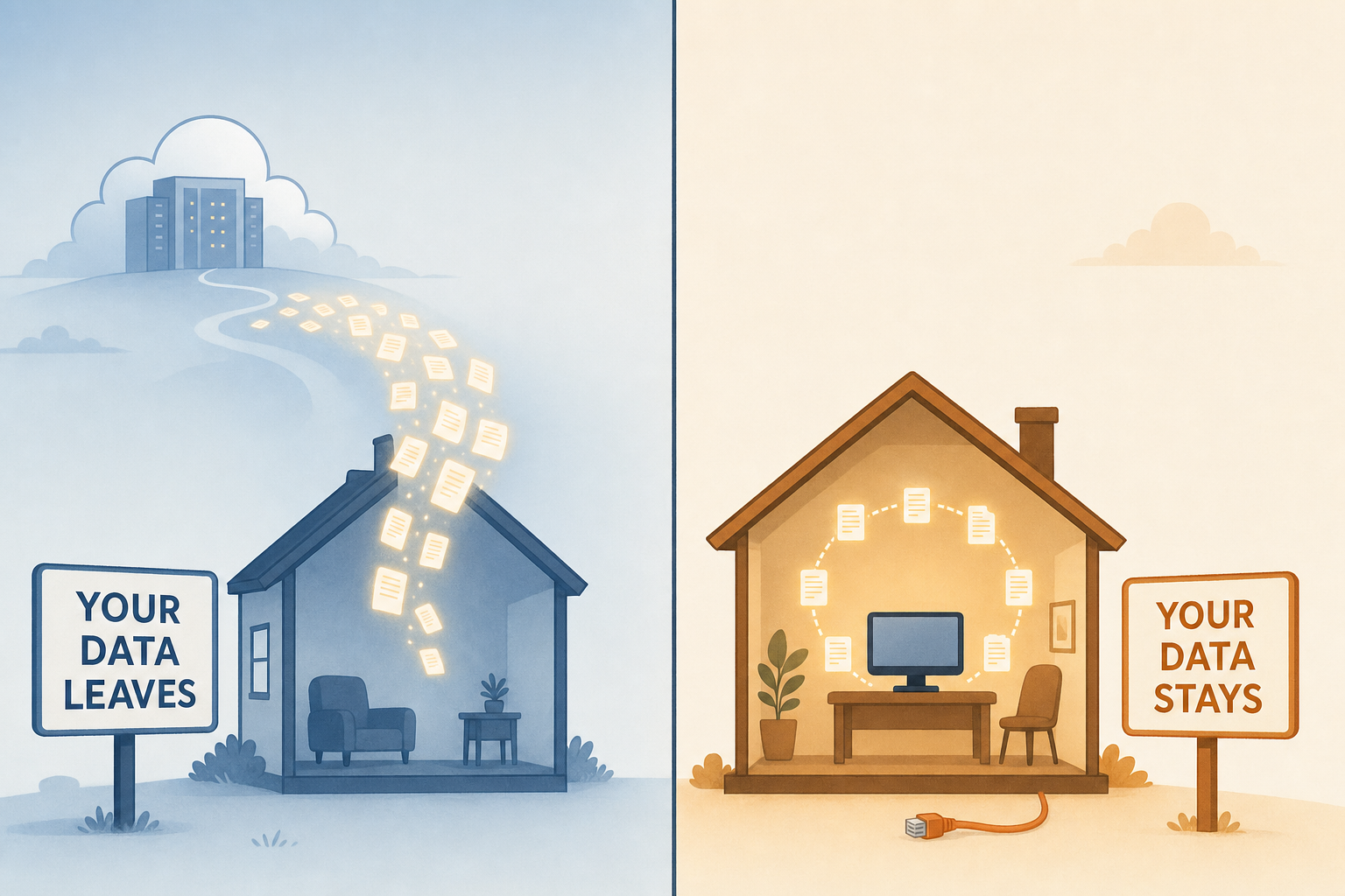 À gauche, une maison dont les documents s'envolent vers un nuage lointain. À droite, la même maison où les documents tournent autour de l'ordinateur, le câble internet débranché par terre
