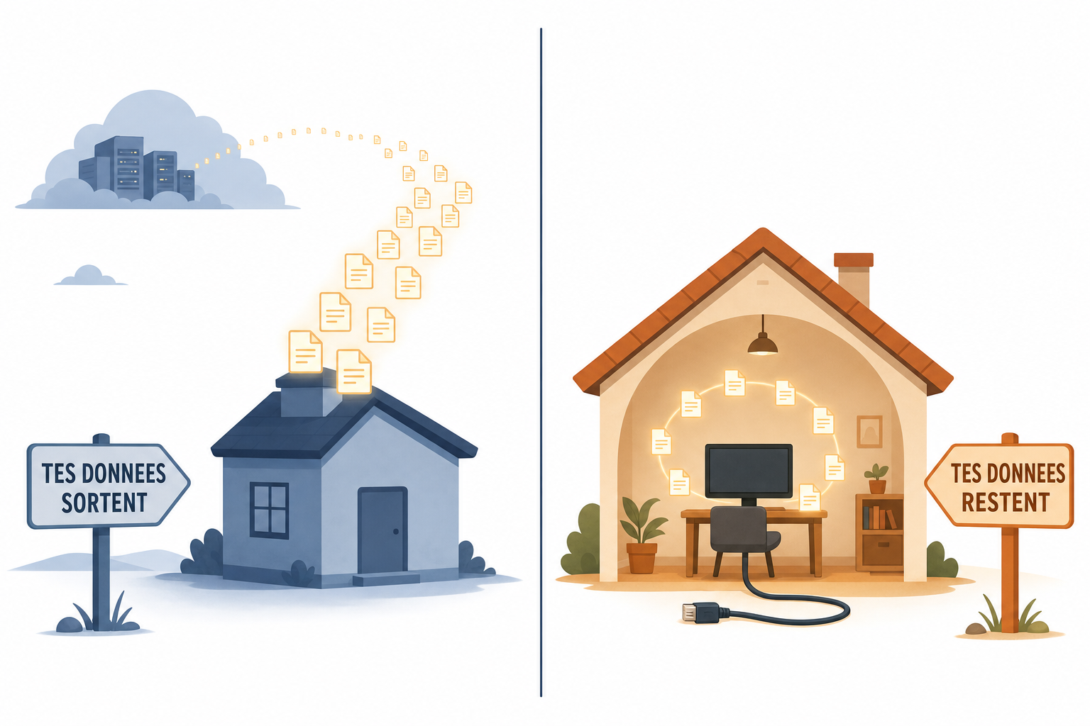 À gauche, une maison dont les documents s'envolent vers un nuage lointain. À droite, la même maison où les documents tournent autour de l'ordinateur, le câble internet débranché par terre