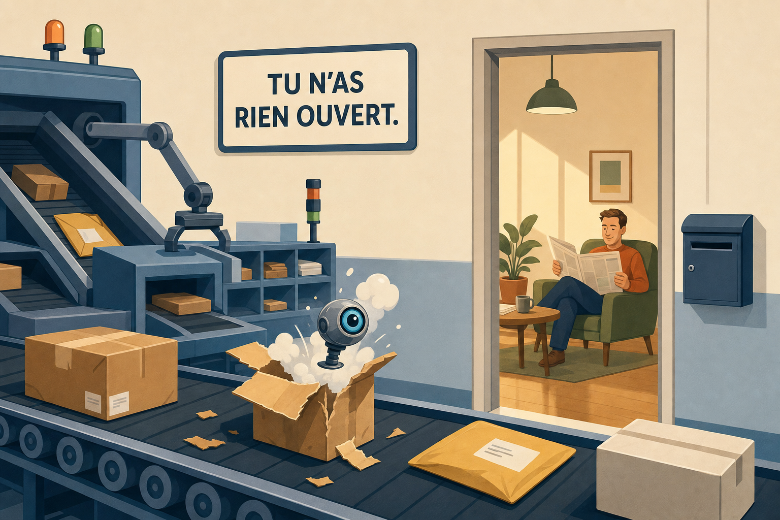 Un centre de tri postal ou un colis s ouvre tout seul sur le tapis en liberant un oeil espion, pendant que le destinataire lit son journal dans la piece a cote