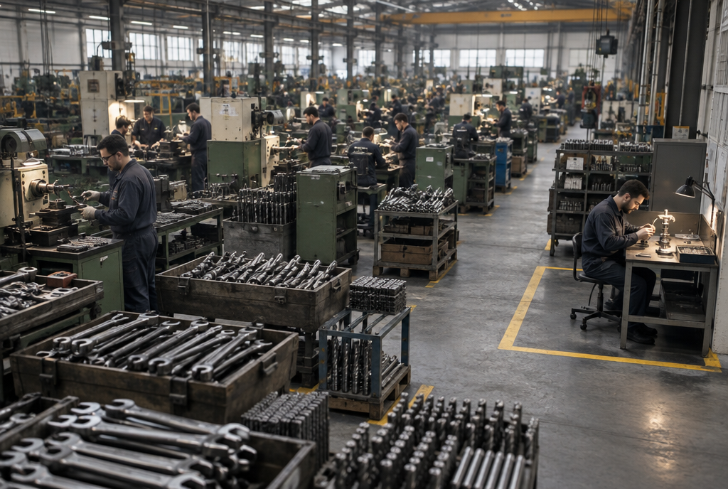 Vue d'ensemble d'une immense halle d'usine où presque tous les ouvriers et toutes les machines fabriquent des outils, clés et forets empilés partout, tandis que dans un petit rectangle jaune peint au sol un seul ouvrier assemble le produit fini sur un établi