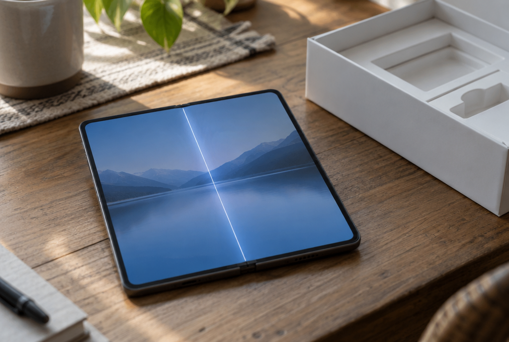 A foldable phone opened flat on a wooden table, its large inner screen crossed from top to bottom by a thin bright white line along the fold, next to its box, still open
