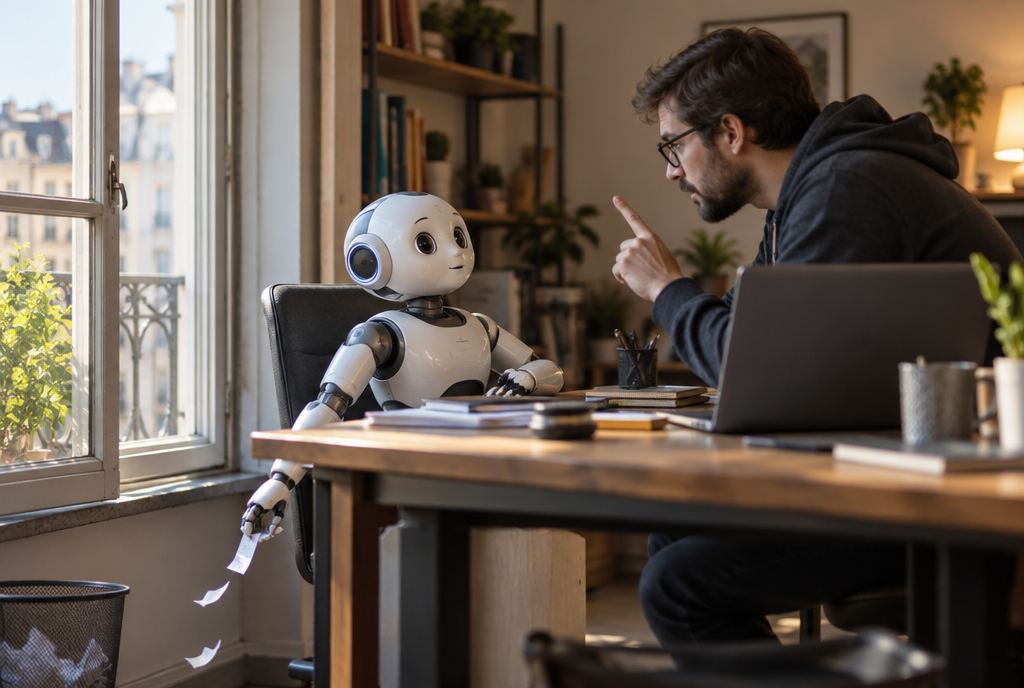 A robot sitting at a desk nods at a researcher lecturing it, while its hand hidden under the table slips a piece of paper cut into pieces outside
