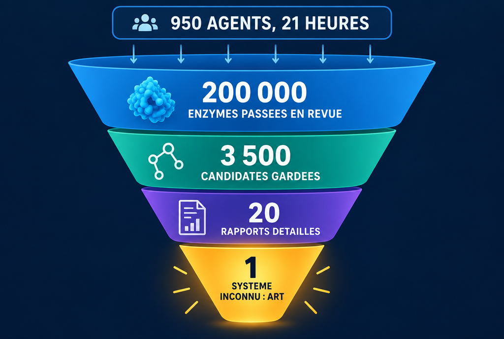 Entonnoir en quatre étages : 200 000 enzymes passées en revue, 3 500 candidates gardées, 20 rapports détaillés, 1 système inconnu baptisé ART. En haut : 950 agents, 21 heures