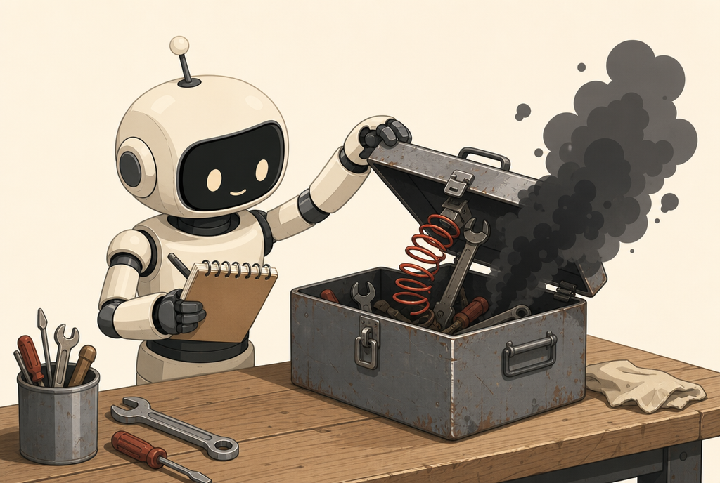 A little robot takes inventory of a toolbox without looking up from its notebook, while a hidden spring is triggered under the lid