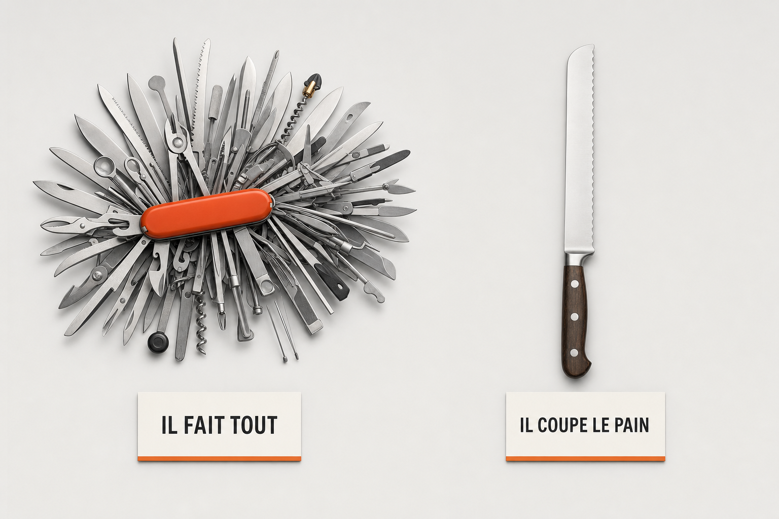 À gauche un couteau suisse aux dizaines d'outils dépliés, à droite un simple couteau à pain