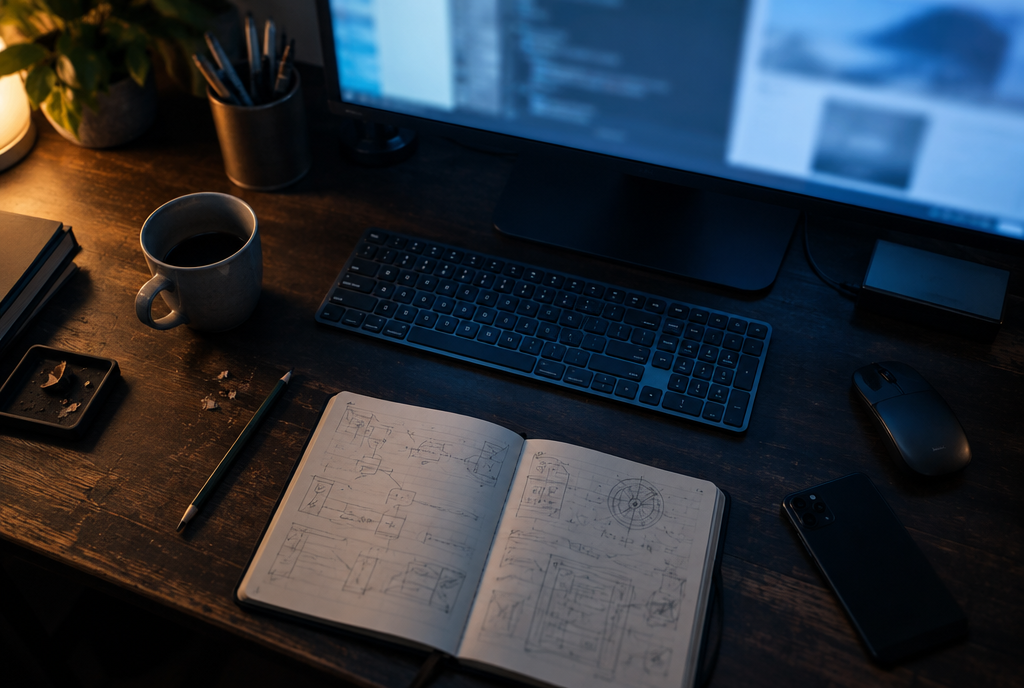 A work desk at night, screen on and notebook open