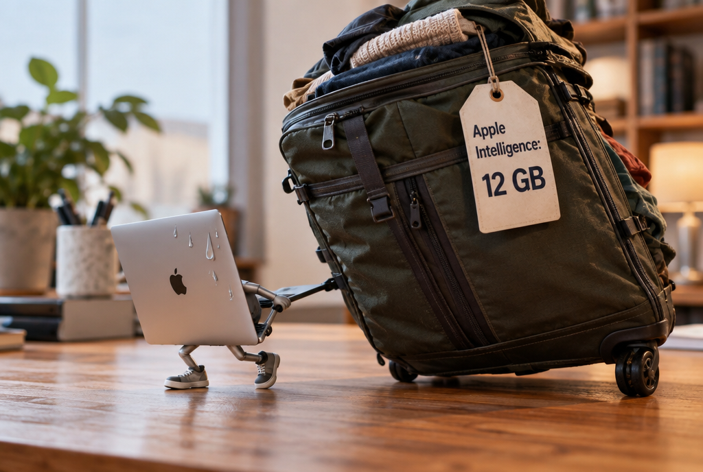 A small MacBook with cartoon legs drags a huge rolling suitcase across a desk while sweating, with a tag reading “Apple Intelligence: 12 GB”