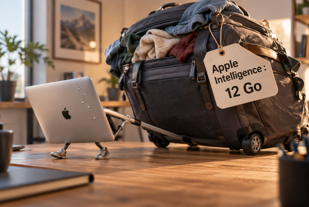 Un petit MacBook avec des jambes de dessin animé traîne en transpirant une énorme valise à roulettes sur un bureau, avec une étiquette « Apple Intelligence : 12 Go »