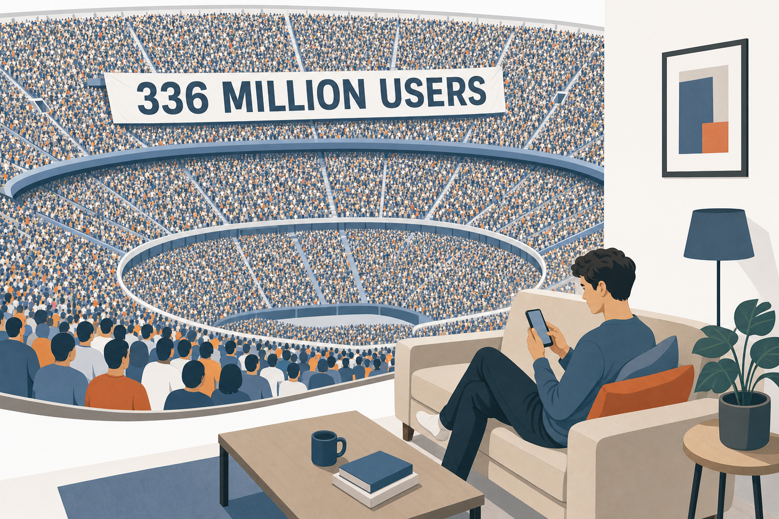 A huge stadium filled with tens of thousands of people with a banner reading 336 million users, and in the foreground a person on their sofa who has no idea about it