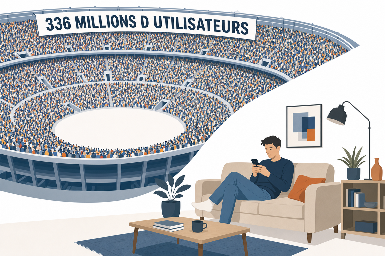 Un stade immense rempli de dizaines de milliers de personnes avec une banderole 336 millions d'utilisateurs, et au premier plan une personne sur son canapé qui n'en a aucune idée