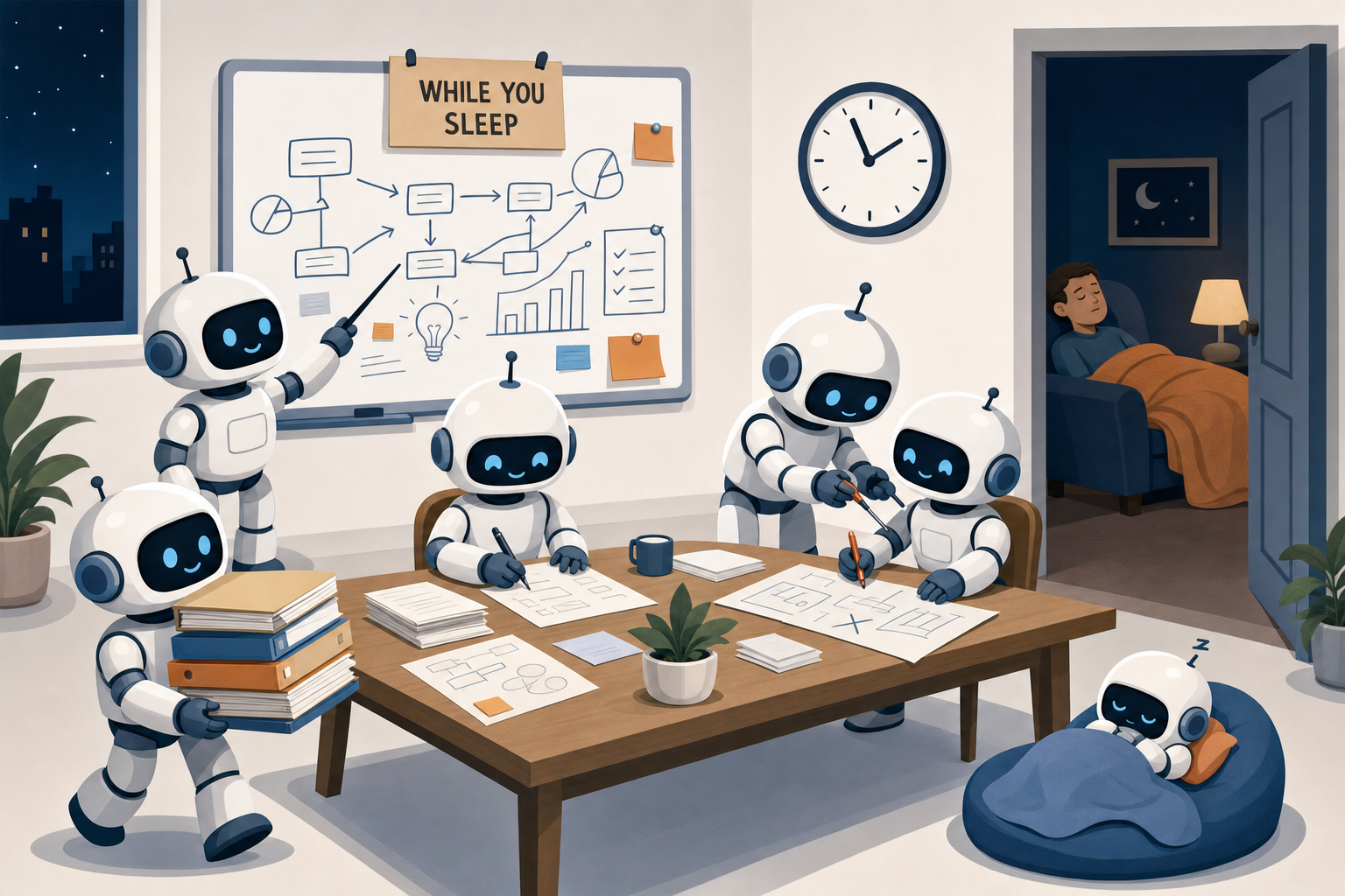 Cinq petits robots travaillent en equipe autour d une table couverte de papiers, la nuit, pendant qu un humain dort dans un fauteuil dans la piece d a cote