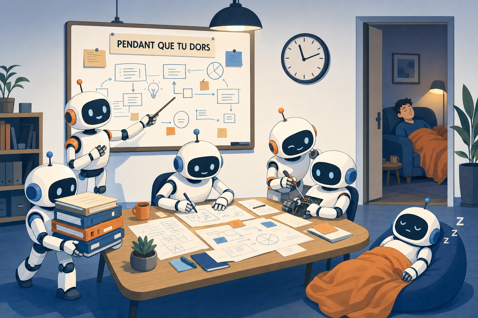 Cinq petits robots travaillent en equipe autour d une table couverte de papiers, la nuit, pendant qu un humain dort dans un fauteuil dans la piece d a cote