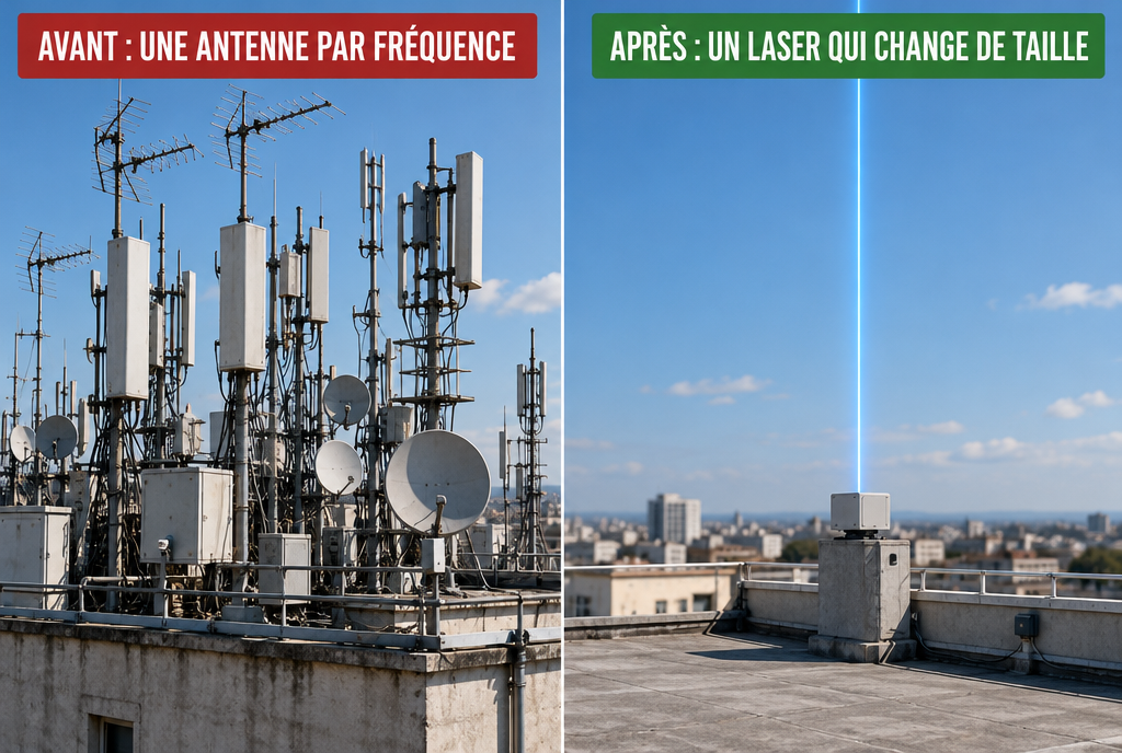 Avant et après, côte à côte : à gauche, un toit hérissé d'une forêt d'antennes en métal de toutes les tailles, avec l'étiquette « Avant : une antenne par fréquence » ; à droite, le même toit vide avec un seul petit boîtier qui projette un fin faisceau de lumière bleue vers le ciel, avec l'étiquette « Après : un laser qui change de taille »
