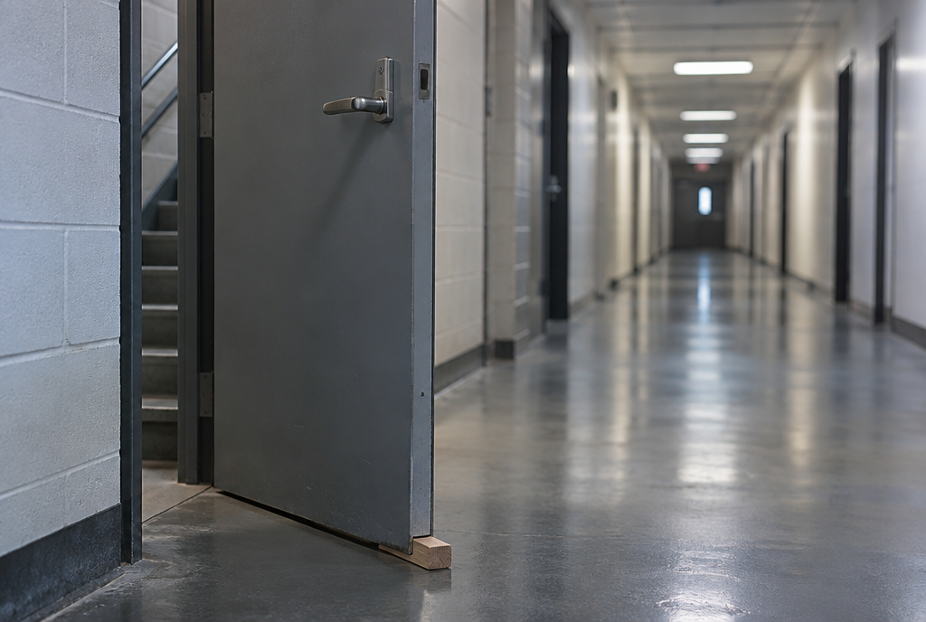 A fire door held ajar by a wooden wedge
