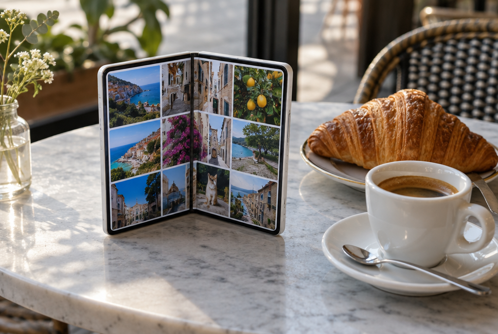 On a marble café table, a white foldable smartphone is open like a small book standing upright, its two halves forming a large almost-square screen displaying a photo gallery, next to a croissant and an espresso
