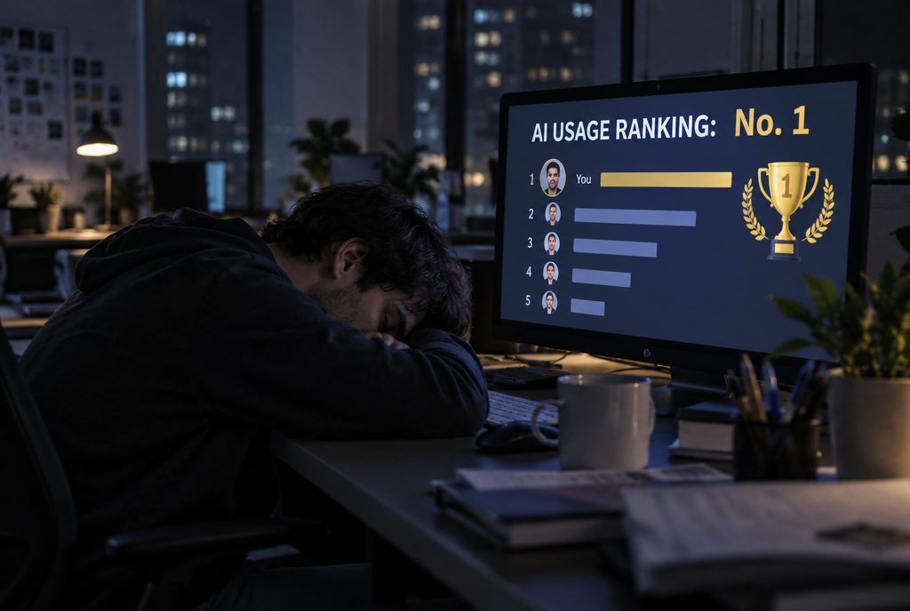 At night, in an empty open-plan office, a young engineer has fallen asleep with his head on his arms while his screen displays a leaderboard with a gold trophy: number 1 in the AI leaderboard of the month