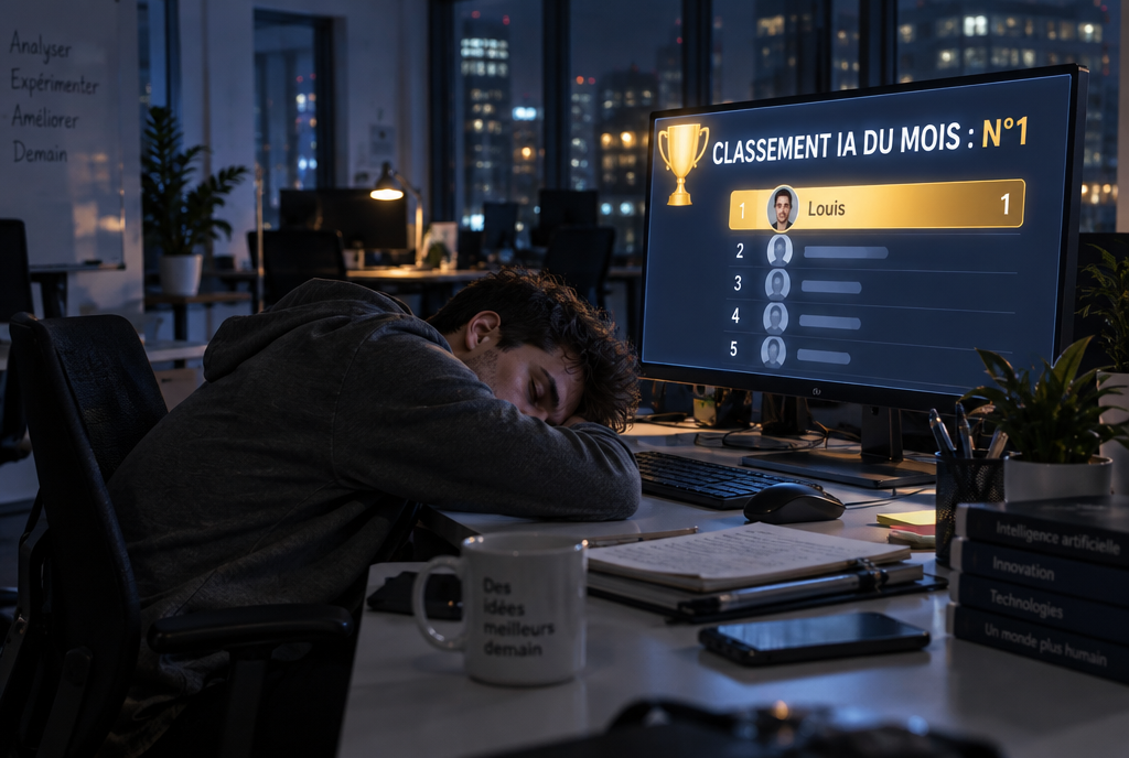 La nuit, dans un open space vide, un jeune ingénieur s'est endormi la tête sur les bras pendant que son écran affiche un tableau de classement avec un trophée doré : numéro 1 du classement IA du mois